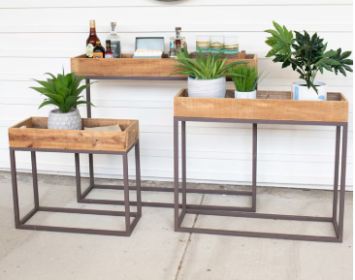 SET OF THREE RUSTIC RECYCLED WOOD CONSOLE TRAYS ON METAL BASES