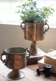 SET OF TWO ANTIQUE COPPER FINISH PLANTERS WITH HANDLES
