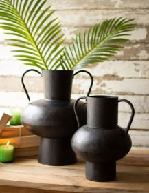 SET OF TWO WAXED BLACK METAL URNS WITH HANDLES