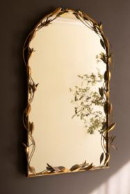 TALL ARCHED ANTIQUE BRASS FRAMED MIRROR WITH LEAVES