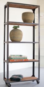 TALL IRON AND RECYCLED WOOD SHELVING UNIT