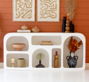 WHITE WOOD CUBBIE CONSOLE TABLE