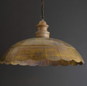ANTIQUE BRASS PENDANT LIGHT WITH WOOD DETAIL 31" DIA.