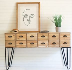 CHEST OF 12  WOODEN DRAWERS WITH IRON LEGS