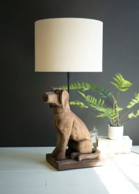 MANGO WOOD DOG TABLE LAMP WITH FABRIC SHADE