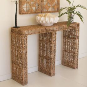WOVEN SEAGRASS AND IRON CONSOLE TABLE