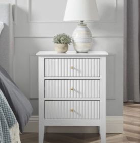 conifferism White Bed Side Table with 3 Drawers 19" W, Bedroom Nightstand 24" H,Vintage Modern Night Stand,Living Room Fluted End Bedside Tables (Color: White)