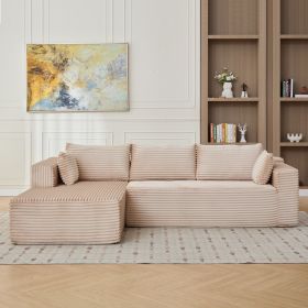 Compression Sectional Couch with Comfy Chaise, Boneless L Shape Sofa with Deep Seat (Main Color: Beige, Main Material: Corduroy)