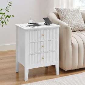 White Bed Side Table with 3 Drawers 19" W, Bedroom Nightstand 24" H,Vintage Modern Night Stand,Living Room Fluted End Bedside Tables (Color: White with USB)