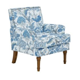 Floral Upholstered Accent Chair with Nailhead Trim, Solid Wood Legs, High-Density Foam Cushioned Armchair (Color: Blue)