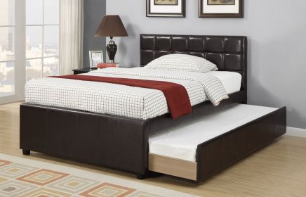 Twin Size Bed w/ Trundle Slats Espresso Faux Leather Plywood Kids Youth Bedroom Furniture Wooden Slats Square Box Upholstered Headboard 1pc Bed (Color: as Pic)