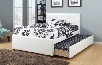 Twin Size Bed w/ Trundle Slats White Faux Leather Upholstered Plywood Kids Youth Bedroom Furniture Wooden Slats 1pc Bed (Color: as Pic)