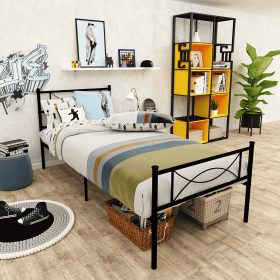 Kids Twin Size Metal Platform Bed with Bowknot Headboards Easy Assembly (Mattress Not Included), Black (Color: BLACK)