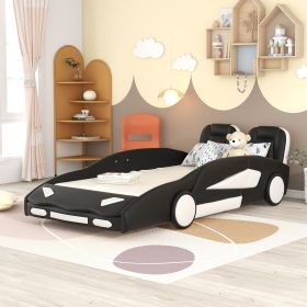 Twin Size Race Car-Shaped Platform Bed with Wheels (Color: BLACK)