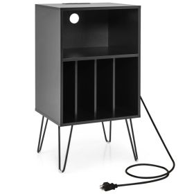 Record Player Stand with Charging Station for Living Room Bedroom (Color: BLACK)