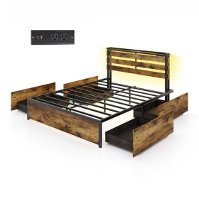 Full/Queen/Twin Size Bed Frame with Drawers LED Lights and USB Ports (Size: Queen Size)