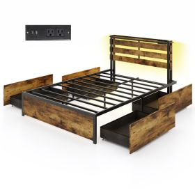 Full/Queen/Twin Size Bed Frame with Drawers LED Lights and USB Ports (Size: Full Size)