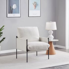 Modern Accent Chair, Comfy Chair with Removable Cushion, Vanity Chair with Wood Armrests for Living Room, Bedroom, White (Main Color: White, Main Material: Fabric+Metal)