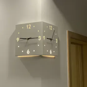 Nordic Square Modern Corner Wall Clock with Sensor Night Light Christmas Gifts (Color: White)