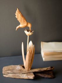 REPURPOSED WOOD SCULPTURE WITH HAND CARVED HUMMING BIRD (Color: Brown)