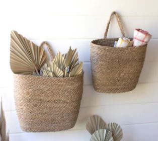 SET OF TWO TALL OVAL WOVEN SEAGRASS BASKETS (Color: Brown)