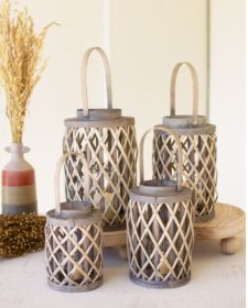 SET OF FOUR GREY WILLOW CYLINDER LANTERNS W GLASS INSERTS (Color: Gray)